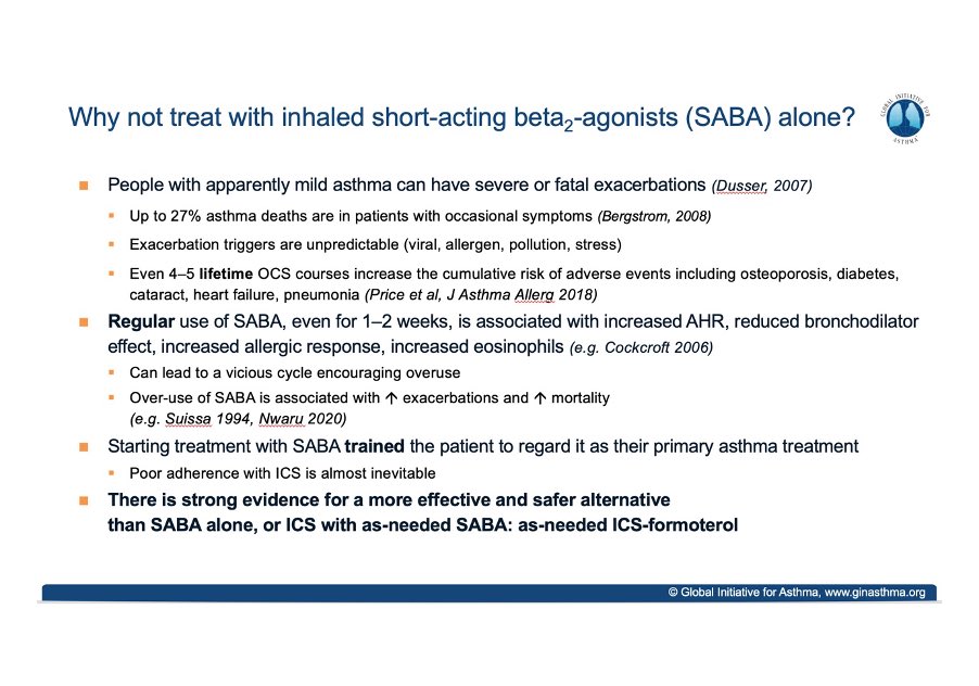 There is strong evidence for prescribing combination inhaled corticosteroid-formoterol in one inhaler for relief of asthma symptoms in adults/adolescents. It reduces severe asthma attacks &amp; emergency visits. Short-acting beta2-agonist relievers do not.www.ginasthma.org/reports