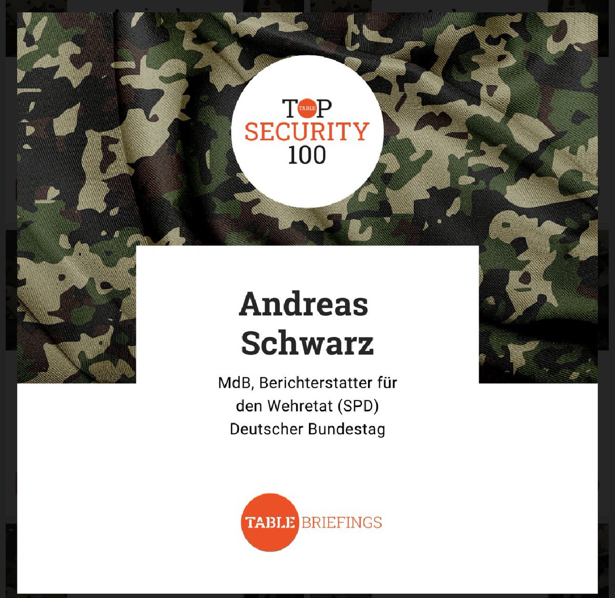 Andreas Schwarz (@schwarz_mdb) on Twitter photo Ich freue mich über die Auszeichnung durch die Redaktion des #SecurityTable als einer der entscheidenden Köpfe in der Kategorie „Politik“. Die Aufnahme in die „100-Top-of-the-Table“ von #TableMedia zeigt mir, dass mein  Einsatz für unsere #Bundeswehr richtig ist. #SPD 
Danke! Ich freue mich über die Auszeichnung durch die Redaktion des #SecurityTable als einer der entscheidenden Köpfe in der Kategorie „Politik“. Die Aufnahme in die „100-Top-of-the-Table“ von #TableMedia zeigt mir, dass mein  Einsatz für unsere #Bundeswehr richtig ist. #SPD 
Danke!