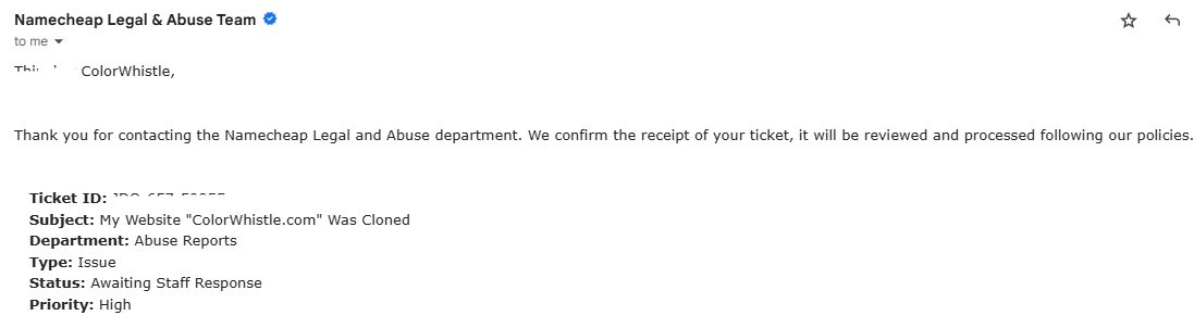 ColorWhistle's tweet photo. @micham We are also facing a similar issue: an unknown domain registered in Iceland cloned our company website and misused our brand name, content, etc. We have reported the incident with @Namecheap, and attached is the incident report. https://t.co/k6MdCPRU2Z