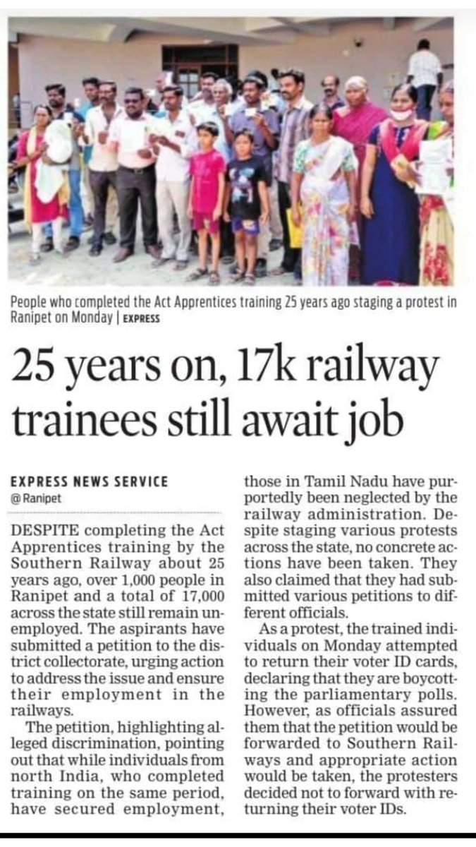 Praveen37199940's tweet photo. @RailMinIndia
Is Tamilnadu in India?
Southern Zone CCAA waiting for Job opportunities in railway from 1998 Batch.where some zone CCAA Direct recruit in railway under GM Power till 2020.
-Many CCAA already crossed age 44.
-We need One time settlement till 2016 . https://t.co/nTRgDSSuS8