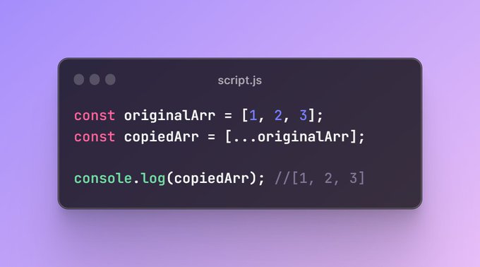 Shefali__J's tweet image. JavaScript Tip💡

You can create a shallow copy of an array using the spread operator.