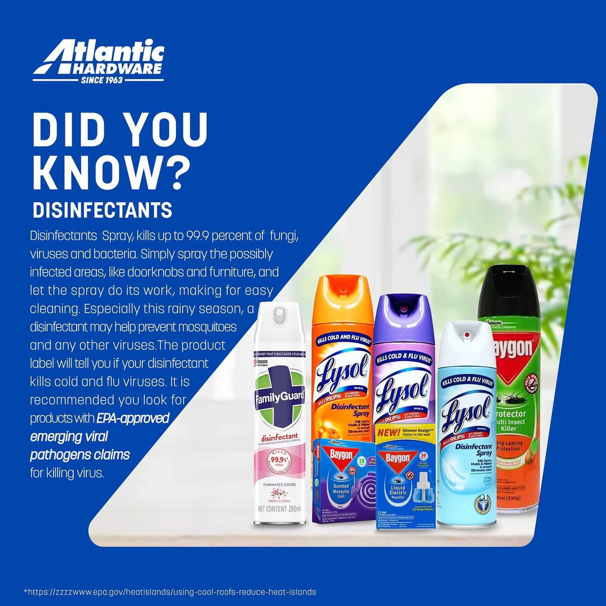 Mga Ka-Atlantic! Do you want to learn some facts about disinfectants? 🧐 Here's some facts Atlantic Hardware has for you;👇

Learn more by following us! Visit and Contact Us Now!💙

#atlantichardware #cebuhardware #cebu #didyouknow #disinfectants