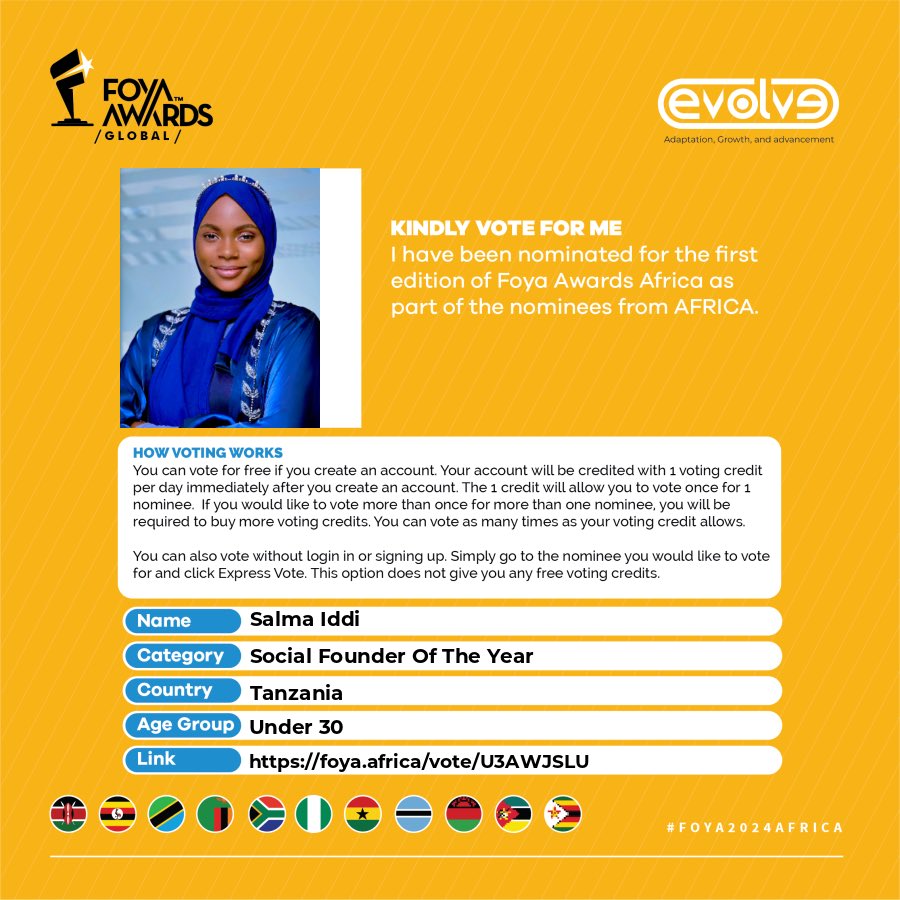 *Exciting News!*🎉

I'm thrilled to share that I've been nominated for the FOYA Awards Global in the  *Under 30 Social Founder of the Year* category. Your support would mean the world to me! Please cast your vote using this link: [foya.africa/?fbclid=PAZXh0…).

*How to Vote:*

1.