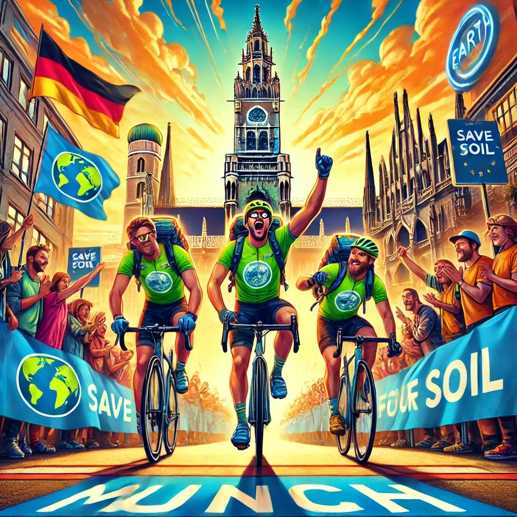 SaveSoilnc's tweet photo. 🌍 Celebrated by Earth friends upon their arrival in Munich, this cycling trio has completed the challenge they set for themselves. 14 days from Calais to Munich, covering over 1000 km! 🚴♂️ #CycleForSoil #SaveSoil https://t.co/f73zAFIohn