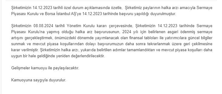 Gercek_Borsaci's tweet photo. #MRBAS 📍 Marbaş Menkul Değerler halka arz başvurusunu daha sonra tekrarlanmak üzere geri çekti.
Şirketimizin 08.08.2024 tarihli Yönetim Kurulu kararı çerçevesinde, Şirketimizin 14.12.2023 tarihinde Sermaye Piyasası Kurulu'na yapmış olduğu halka arz başvurusunun, 2024 yılı için belirlenen asgari ödenmiş sermaye artışını gerçekleştirmek, önümüzdeki dönemde yayımlanacak olan finansal tabloları ile yatırımcılara güncel bilgiler sunmak ve mevcut piyasa koşullarından dolayı başvurumuzun daha sonra tekrarlanmak üzere geri çekilmesine karar verilmiştir. Şirketimizin halka arzı, yukarıda belirtilen adımlar tamamlandıktan ve mevcut piyasa koşulları daha uygun bir hale geldiğinde yeniden değerlendirilecektir.
#GEDIK