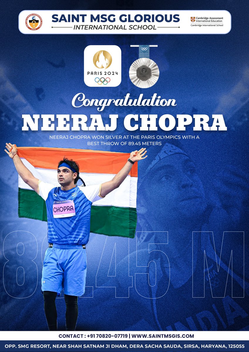 Saint MSG Glorious International School (@saintmsgschool) on Twitter photo ๐ฅ A Silver for India! Neeraj Chopra Continues to Inspire! ๐ฅ
Congratulations to Neeraj Chopra for winning the silver medal at the Paris Olympics 2024! <a href="/Neeraj_chopra1/">Neeraj Chopra</a>
#NeerajChopra #SilverMedal #ParisOlympics2024 #PrideOfIndia #Inspiration #Dedication #ProudMoment ๐ฅ A Silver for India! Neeraj Chopra Continues to Inspire! ๐ฅ
Congratulations to Neeraj Chopra for winning the silver medal at the Paris Olympics 2024! <a href="/Neeraj_chopra1/">Neeraj Chopra</a>
#NeerajChopra #SilverMedal #ParisOlympics2024 #PrideOfIndia #Inspiration #Dedication #ProudMoment
