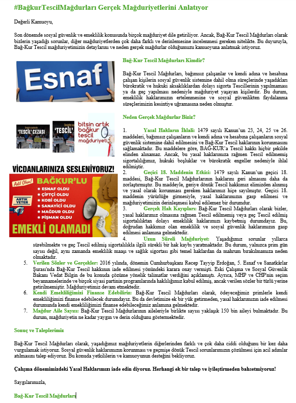 <a href="/GaniMujde/">Gani Müjde</a> <a href="/cuneytozdemir/">cüneyt özdemir</a> <a href="/ibb_kultur/">İBB Kültür</a> <a href="/ekrem_imamoglu/">Ekrem İmamoğlu</a> <a href="/eczozgurozel/">Özgür Özel</a> KAMUOYUNA DUYRULUR
Bağkur kaydı bir bir hak değil zorunluluktur. Kaydı yaptırmak Esnafın değil devletin görevidir
<a href="/Akparti/">AK Parti</a> <a href="/vedatbilgn/">Vedat Bilgin</a> <a href="/akbasogluemin/">Av. M.Emin AKBAŞOĞLU 🇹🇷</a> <a href="/RTErdogan/">Recep Tayyip Erdoğan</a> <a href="/isikhanvedat/">Prof. Dr. Vedat Işıkhan</a> <a href="/memetsimsek/">Mehmet Simsek</a> @mhp_bilgi <a href="/resulkurt34/">Doç. Dr. Resul Kurt</a> <a href="/fuatoktay/">Fuat Oktay</a> <a href="/herkesicinCHP/">CHP 🇹🇷</a> @b_palandoken #BağkurTESCİLÇözümBekliyor