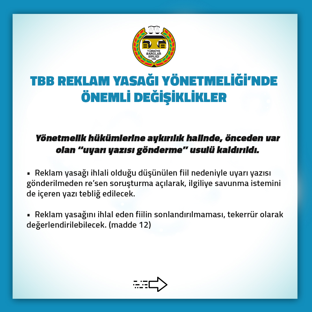barolar's tweet photo. "Türkiye Barolar Birliği Reklam Yasağı Yönetmeliğinde Değişiklik Yapılmasına Dair Yönetmelik" 09.08.2024 tarihinde (bugün) Resmî Gazete'de yayımlandı.

TBB REKLAM YASAĞI YÖNETMELİĞİ’NDE ÖNEMLİ DEĞİŞİKLİKLER

👉 https://t.co/VGgeJdHIsx https://t.co/V5xTmjJUDJ