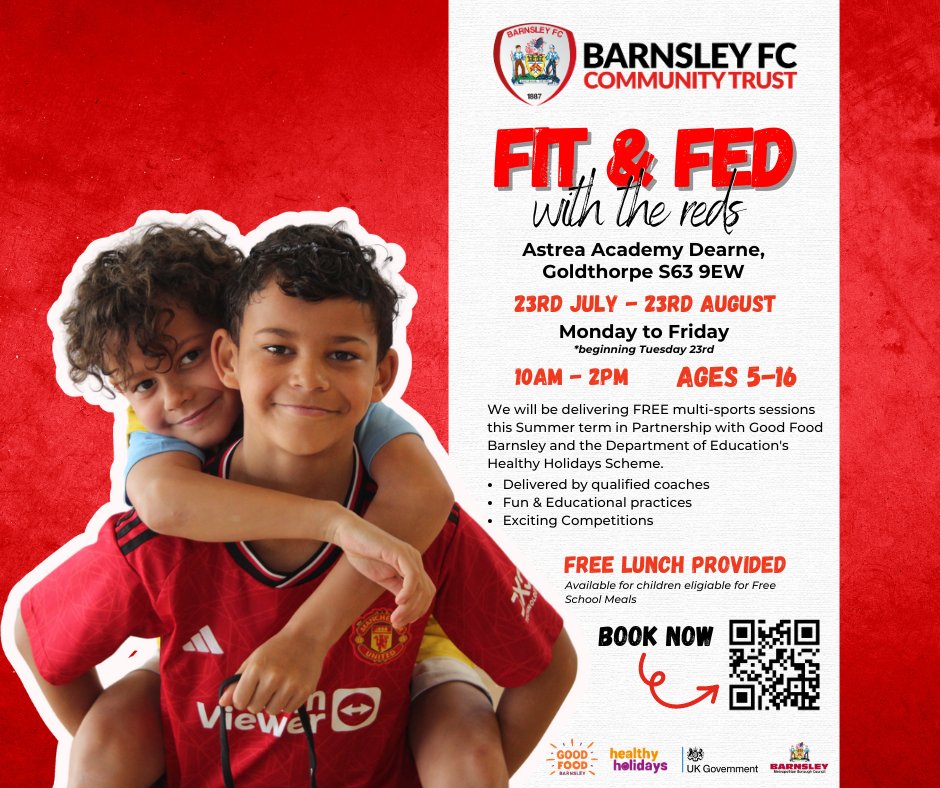 FIT AND FED 💪🍎
We've listened to your feedback and made a slight change to open the session up to 5-16 year olds! 
Come and join us at Astrea Academy Dearne for a Summer of Fun throughout #HealthyHolidays 🎾🏃

Book your places now! loom.ly/VvJuWu0