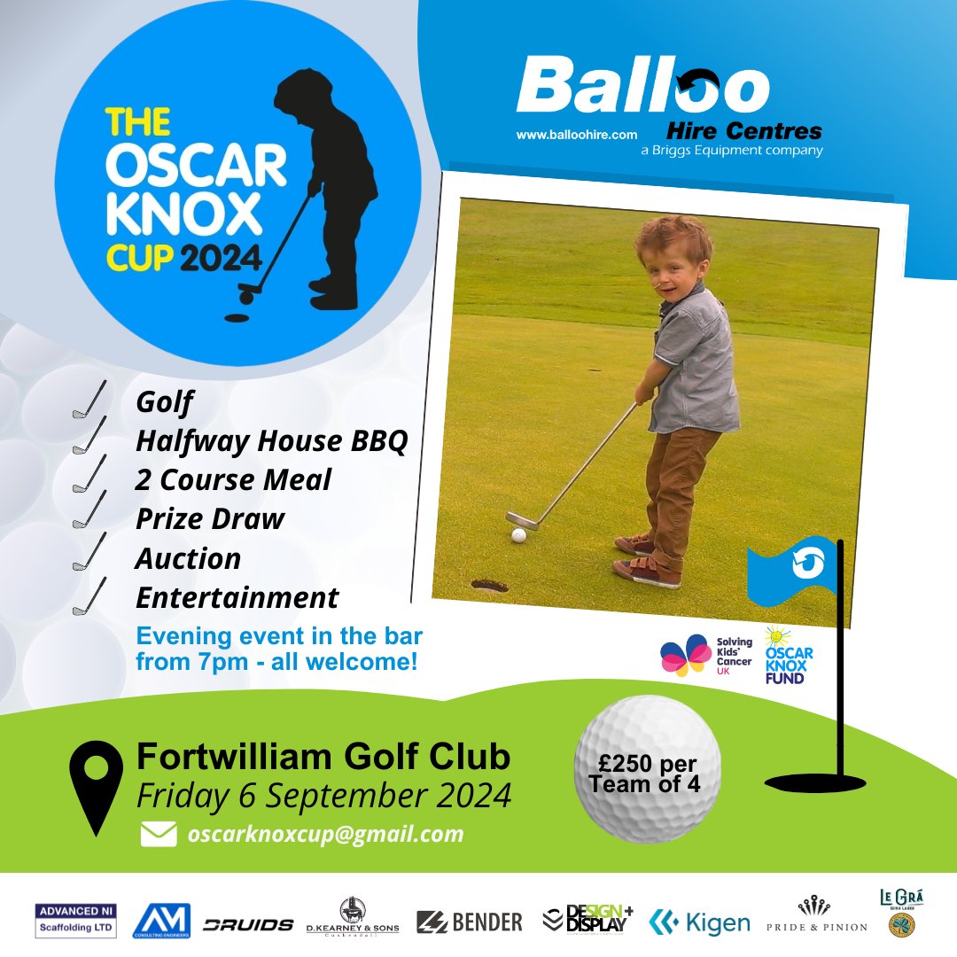 Oscar Knox Fund (@wee_oscar) on Twitter photo ⛳ Just 4 weeks until the 2024 #OscarKnoxCup in association with <a href="/Balloo_Hire/">Balloo Hire</a> ⛳
Timesheet filling up fast, get in touch to reserve your tee time.
Thank you to <a href="/fortwilliamgc/">Fortwilliamgc</a> and to all our amazing sponsors for their support! ☺️
#TeamOscar #OscarKnoxFund #Charity #Golf 🩵💛 ⛳ Just 4 weeks until the 2024 #OscarKnoxCup in association with <a href="/Balloo_Hire/">Balloo Hire</a> ⛳
Timesheet filling up fast, get in touch to reserve your tee time.
Thank you to <a href="/fortwilliamgc/">Fortwilliamgc</a> and to all our amazing sponsors for their support! ☺️
#TeamOscar #OscarKnoxFund #Charity #Golf 🩵💛