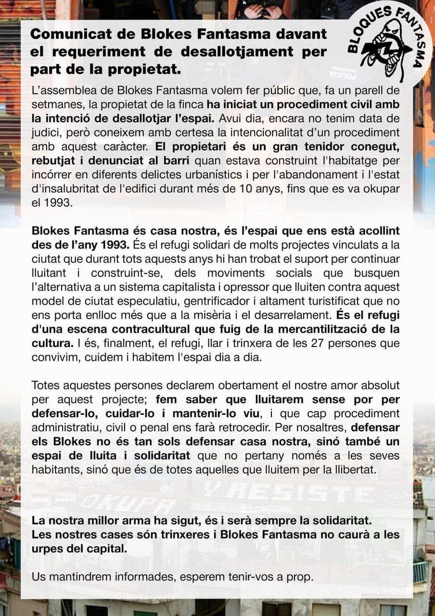 💥Comunicat de Blokes Fantasma davant el requeriment de desallotjament