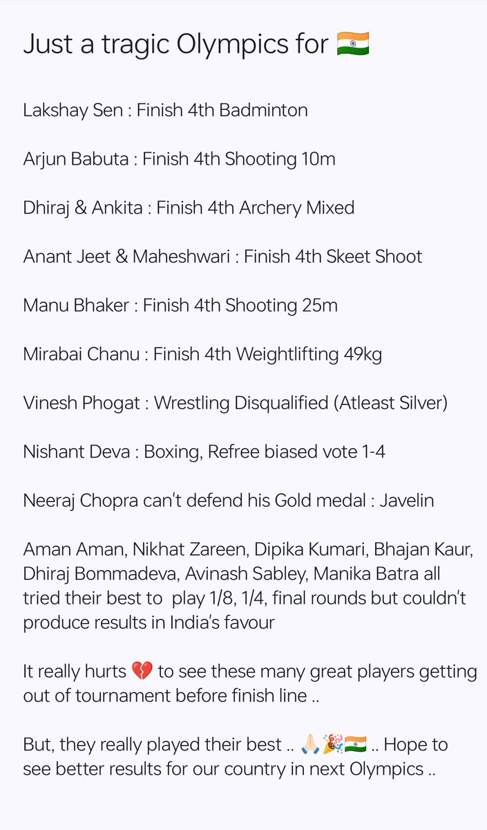 Jack_Saurabh's tweet photo. It was just tragic to see the capable Indian squad without  deserving medals .. #GOLD #IndiaAtOlympics #ParisOlympics2024 @sportwalkmedia @narendramodi @TheHockeyIndia .. Lakshya Vinesh Neeraj Mirabai Manu Manika Dipika Kusale Harmanpreet and others.. You just made us proud 🇮🇳... https://t.co/z0ENb1W21A