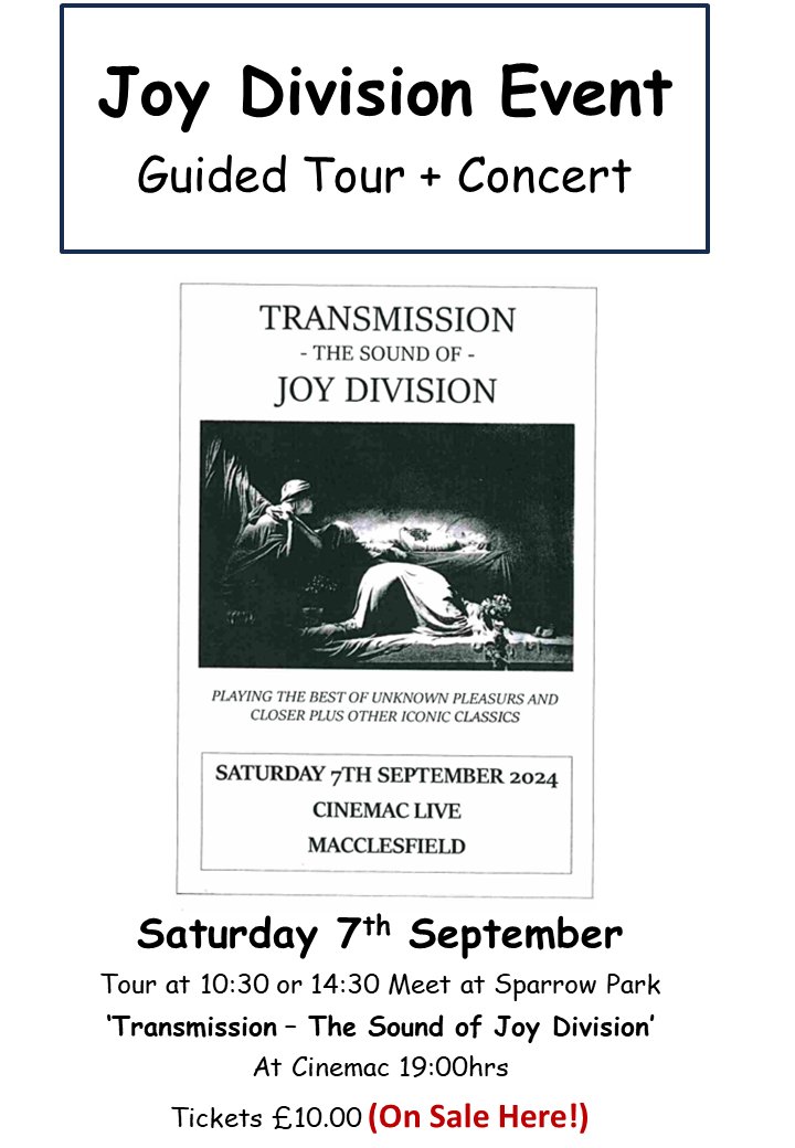 Calling all #joydivisionfans.  We have a unique opportunity happening in #Macclesfield.  Guided tour and concert for only £10.00