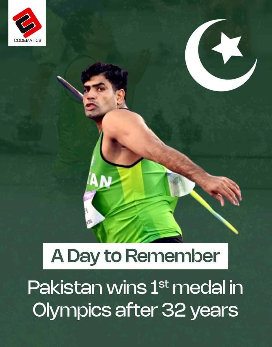 Codematics_Inc's tweet photo. Heartiest congratulations to Pakistan's Olympic flag bearer, Arshad Nadeem, for his outstanding javelin performance, bringing home a historic gold medal for Pakistan! 🥇🇵🇰
Arshad Nadeem has made history as the first Pakistani to win an individual gold in athletics at the Olympics https://t.co/4vJIjly05V
