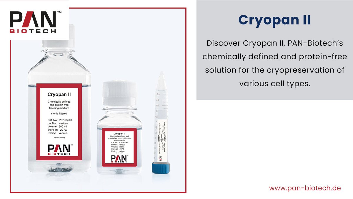 Cryopan II is PAN-Biotech’s protein-free solution for cryopreserving various cell types with high post-thaw viability—no human or animal components. Ideal for Stem Cell Research, Tissue Engineering, Cell Therapies, Biobanking, Gene Therapy, and more. GMP and ISO 13485 certified.