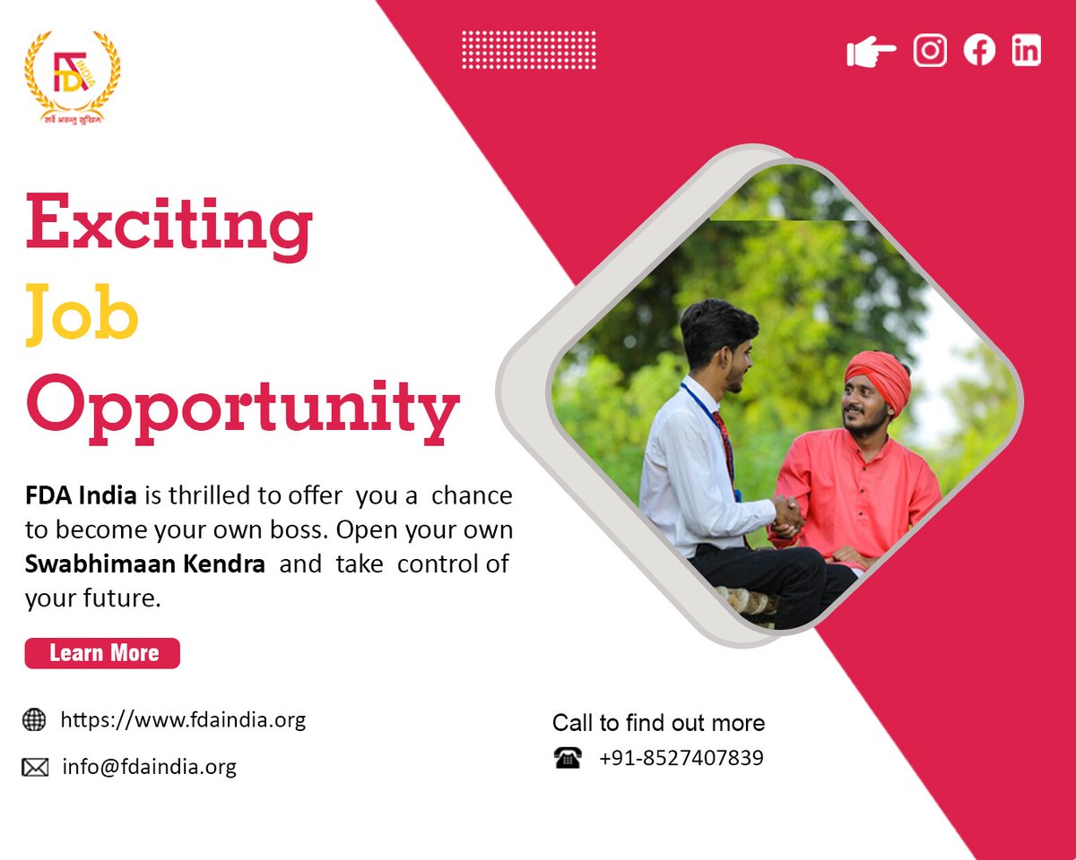 FdaIndia2024's tweet photo. Why follow the crowd when you can lead one?
Open your own Swabhimaan Kendra at your place!
Contact us at :
🌐https://t.co/klYlFJ205o
☎️+91-8527407839
📩info@fdaindia.org
#fdaindia #swabhimaankendra #business #jonopportunity #career #Openingsoon #FridayVibes https://t.co/Q1WXDbRh3c