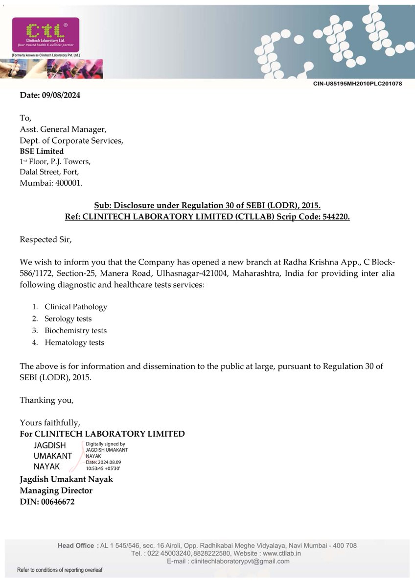 nileshkurhade's tweet photo. ๐ Clinitech Laboratory Ltd informed the exchange about the opening of a new branch in Ulhasnagar, Maharashtra, offering clinical pathology, serology, biochemistry, and hematology diagnostic services. #SME #CTLLAB ๐ฅ๐ฌ https://t.co/PCWaOve79D