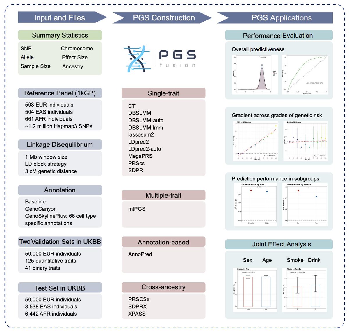 A webserver (PGSFusion: pgsfusion.net), where you can upload GWAS summary stats and you receive:
👉polygenic risk scores (PRS) with 16 different methods
👉prediction performance statistics in UK Biobank

preprint 📜: biorxiv.org/content/10.110…