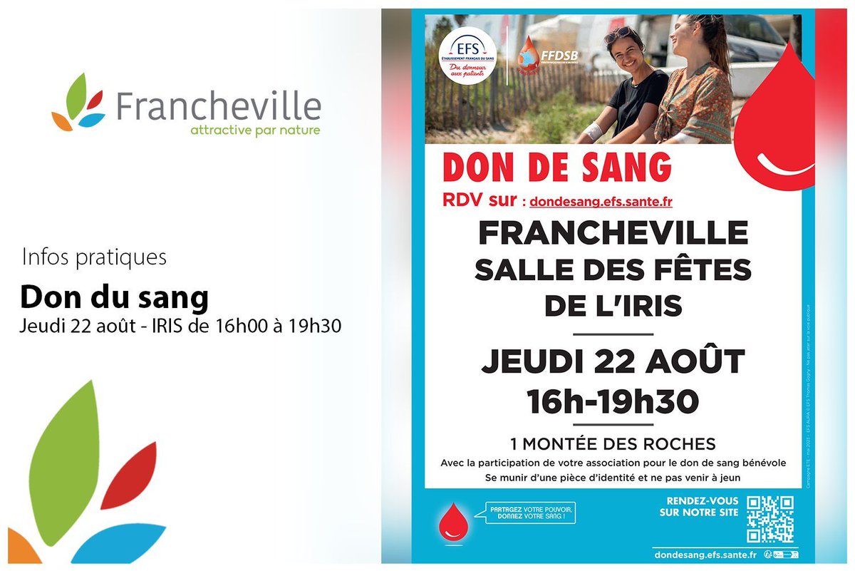 [INFOS PRATIQUES]

▶ Le jeudi 22 août prochain, la ville accueillera l'Établissement Français du Sang pour une collecte de sang.

⏰16h00 à 19h30
📍IRIS - 1, Montée des roches

📱+ d'infos :  buff.ly/3LUypgZ