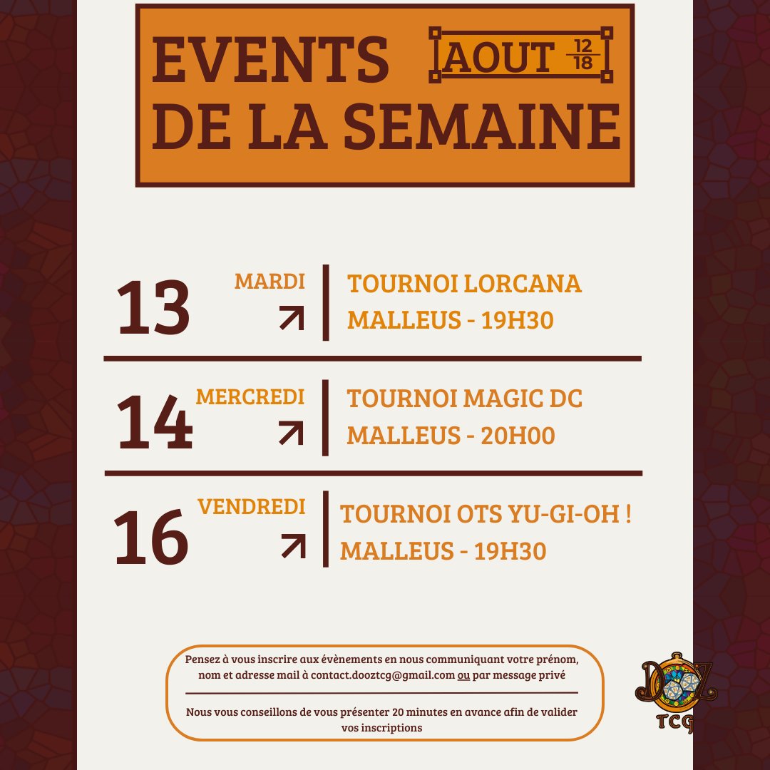 C'est la fin de la semaine et voici votre rappel incontournable des tournois à venir. 😎

⚠️ Inscription obligatoire 

Inscrivez-vous  en nous communiquant votre prénom, nom et adresse mail via l'un des canaux suivants :
📧 contact.dooztcg@gmail.com

facebook.com/DoozTCG/events