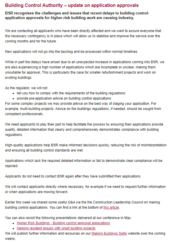 Recent <a href="/H_S_E/">Health and Safety Executive</a> Building Safety Regulator e-bulletin content.govdelivery.com/accounts/UKHSE… also shared in the latest <a href="/BuildUK/">Build UK</a> newsletters. Note the comments about application issues. Designers MUST demonstrate how compliance is achieved ideally clause by clause with evidence for all sections