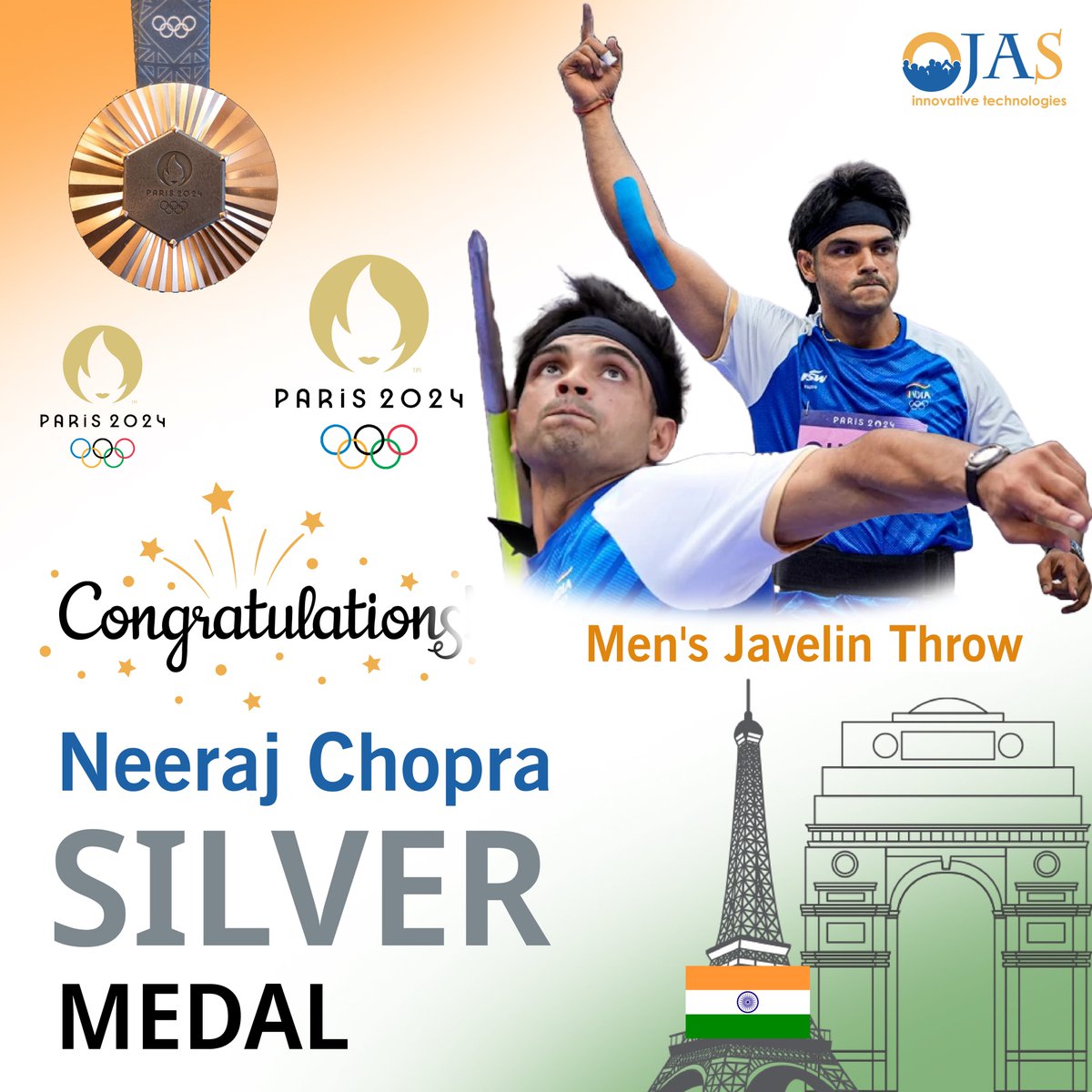 Ojasinnovative's tweet photo. Congratulations to Neeraj Chopra for his incredible achievement of winning the silver medal in the javelin throw at the 2024 Olympics! Your dedication, hard work, and excellence continue to inspire the nation. Keep making India proud! 
#olympics2024 #NeerajChopra #inspirational https://t.co/xJU0piL5nV