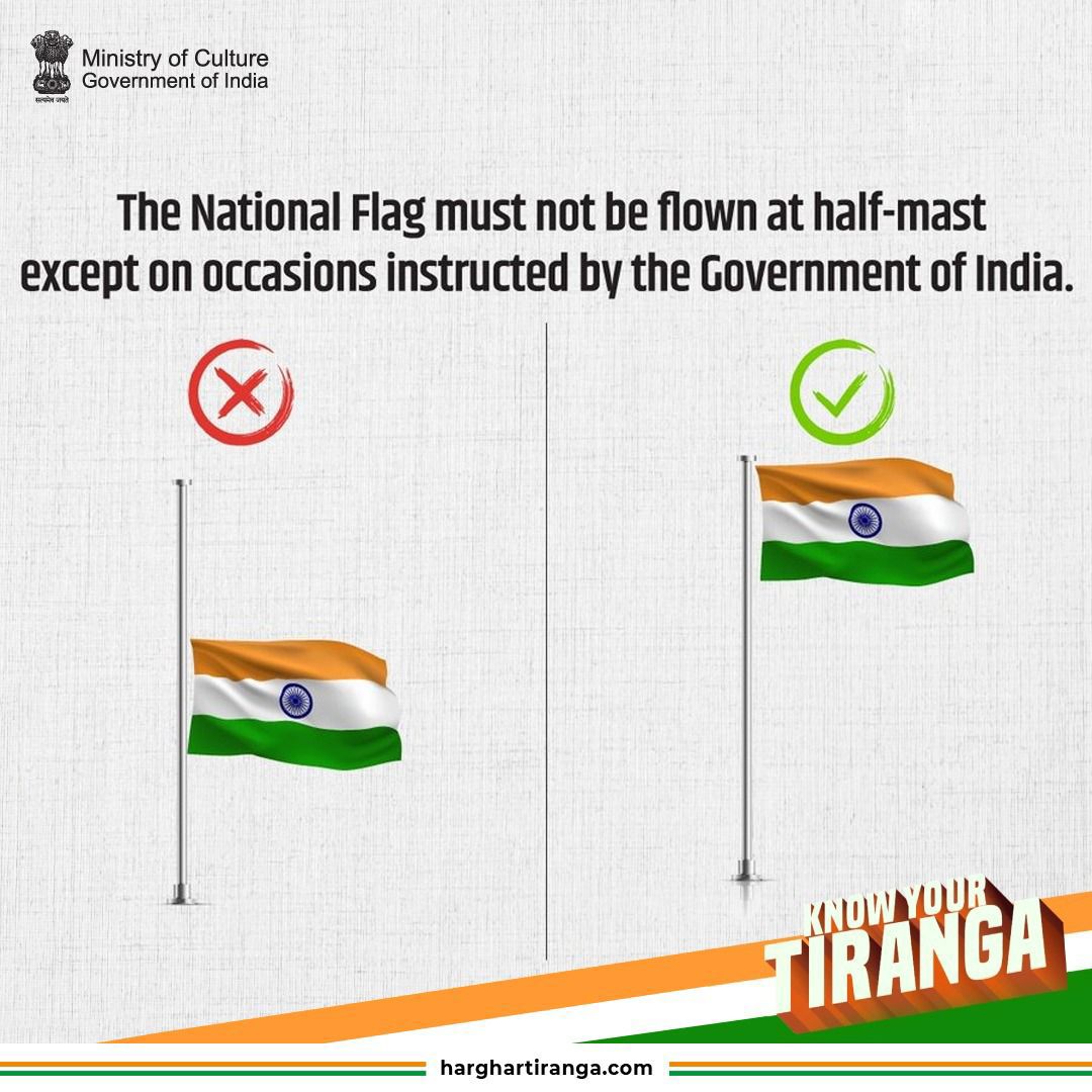 IndiaPostOffice's tweet image. Respect the Tiranga! 🇮🇳 Ensure our National Flag is honored with the utmost dignity by following these essential guidelines.

Let's keep the spirit of our nation high! 

#HarGharTiranga
#KnowYourTiranga #FlagCode #RespectTheFlag