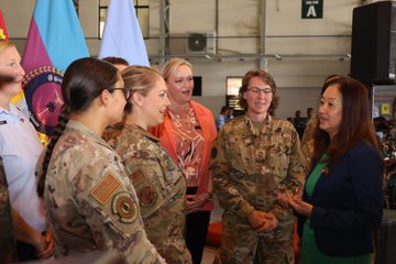 Ambassador speaking with U.S. service women at the Atlas Angel 2024 Closing Ceremony