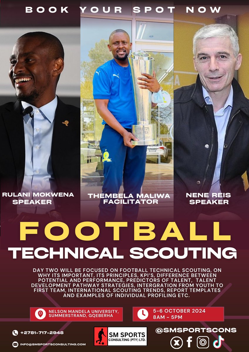 SinesiphoMali's tweet image. The presentations on Technical Scouting will surely be fascinating on Day 2 of the Symposium with these expert speakers, Tera Maliwa &amp;amp; Rulani Mlungisi Mokwena ❤️

Looking forward to this one 🤝⚽️

#InspireBeyond | #TechnicalScouting | #InternationalTechnicalScout