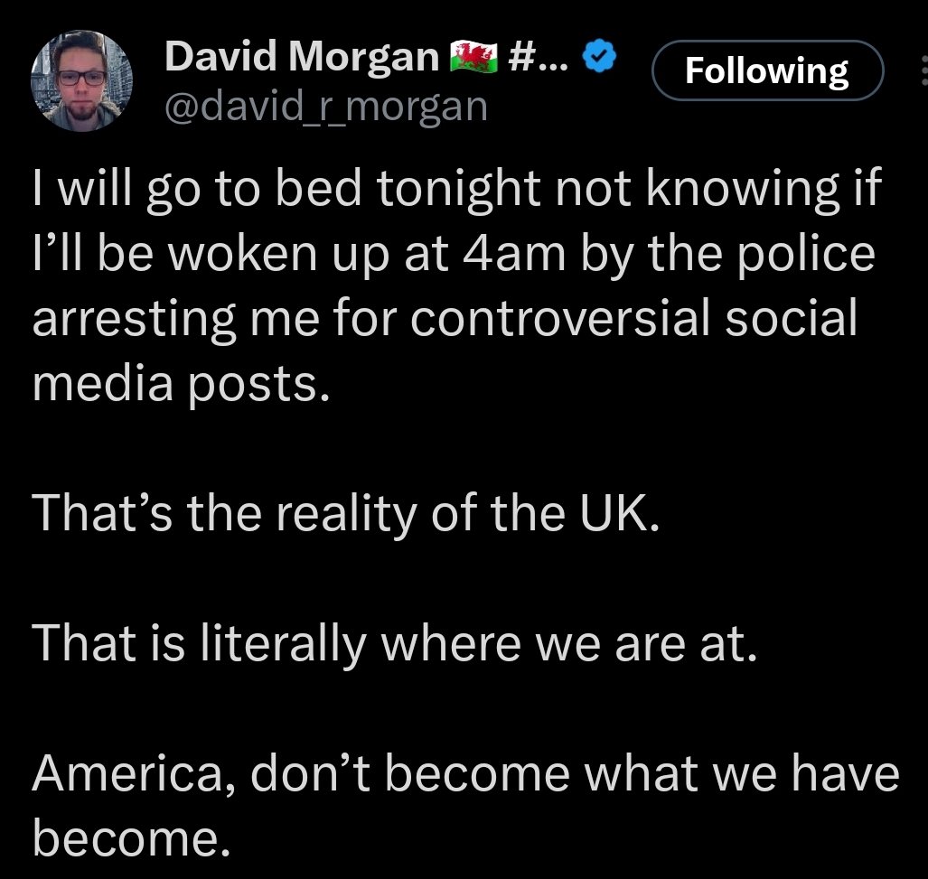 galacticaactual's tweet photo. 💥 In the UK, citizens are being arrested and jailed for social media posts. 
💥 A Harris/Walz regime would quite likely make this a US reality as well. 👇 #MAGA 🇺🇸 https://t.co/jTOIBIOgvS