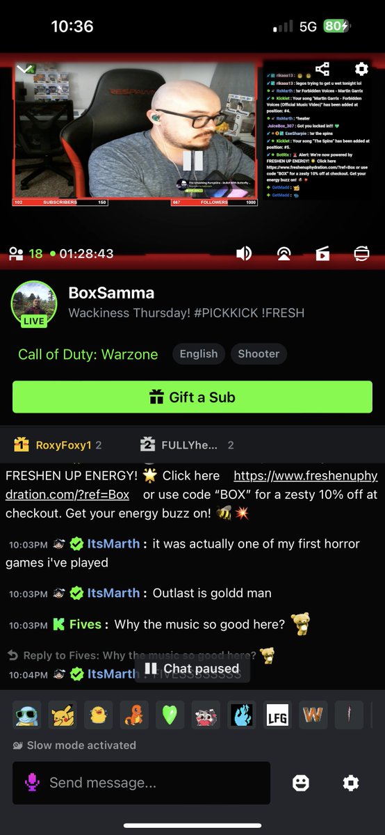 BoxSamma's tweet photo. SUCH A GREAT STREAM! We had @KickCommunity royalty in chat today! @ItsMarth ,@TheboiiDavid23  GREAT SEEING AND CHATTING W KICK STAFF "FIVES" S/O TO ALL THE HOST FROM @Muz1k__ and the #muz1kmobb APPRECIATE ALL THE LOVE AND SUPPORT! 💚
FYI "FIVES" GREAT TASTE IN MUSIC INDEED! 💚 https://t.co/cxsYmSkXl5