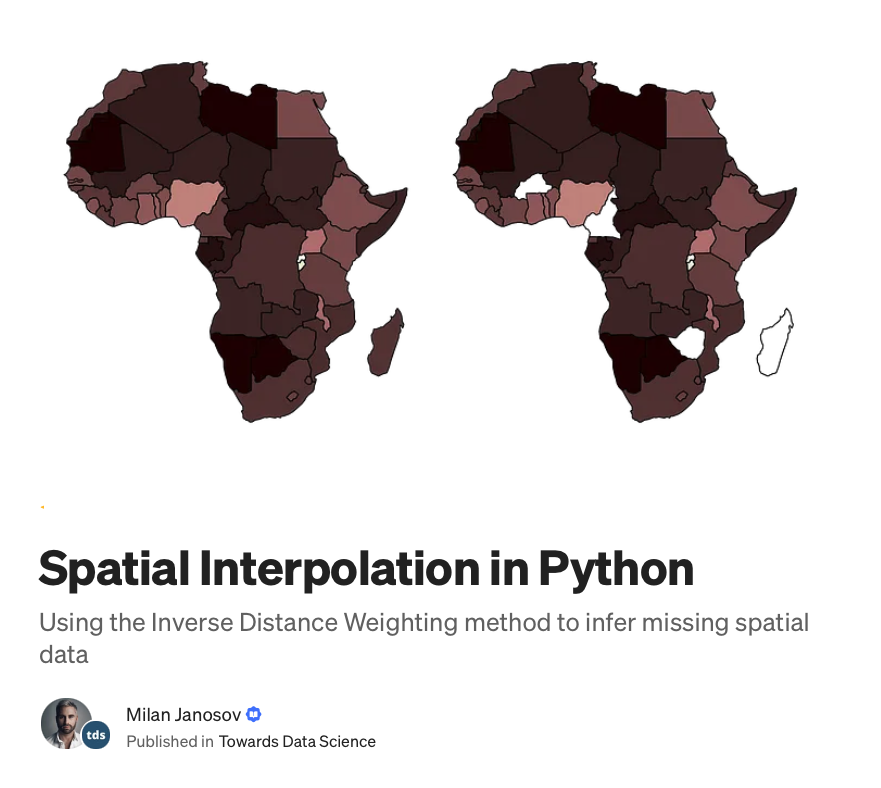 milan_janosov's tweet photo. New piece in @TDataScience - ππ©πππ’ποΏ½οΏ½ ππ§πππ«π©π¨π₯πππ’π¨π§ π’π§ ππ²ππ‘π¨π§: Using the Inverse Distance Weighting method to infer missing spatial data
https://t.co/aCGWEfeHnd
#geodatascience101 #geospatialessentials #GIS #geospatialdata #datascience https://t.co/qEQfc1TTVS