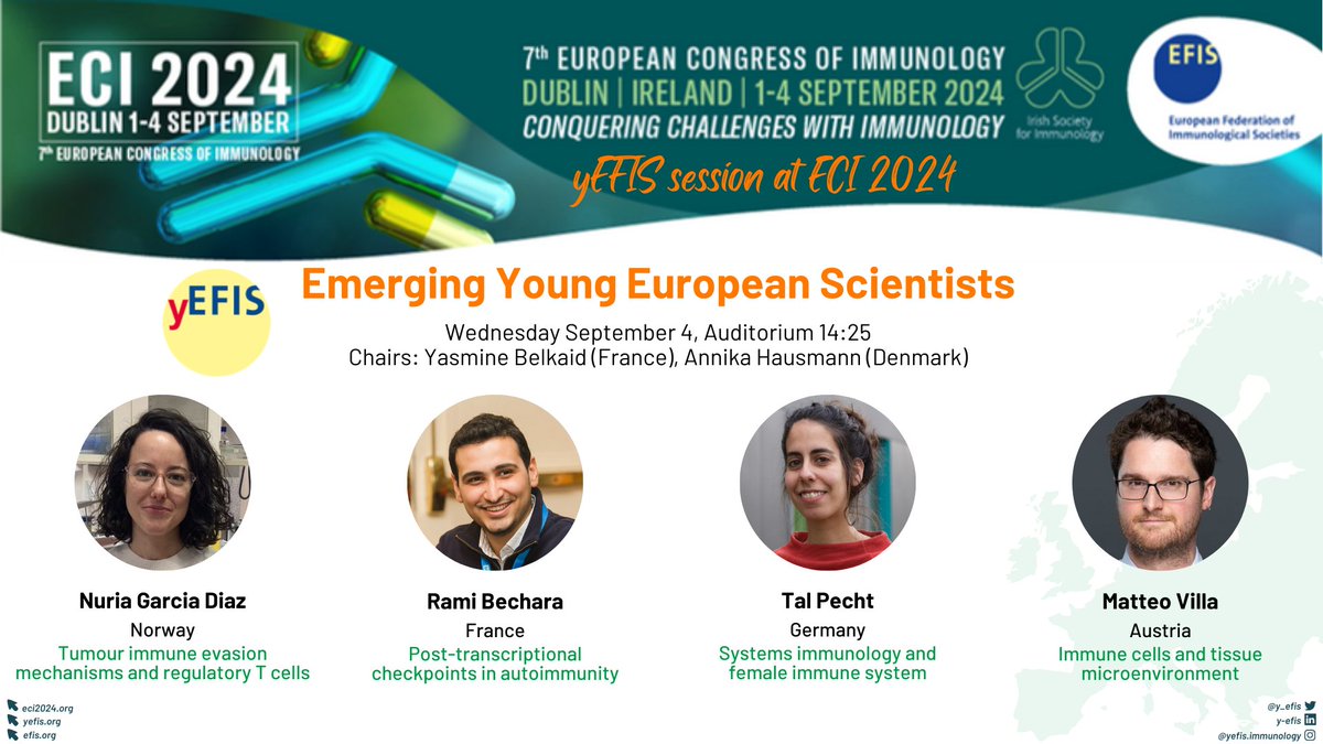 yEFIS (@y_efis) on Twitter photo 📣 Do not miss the #yEFIS session "Emerging Young European Scientists" during #ECI2024 on 🗓️ Wednesday, September 4.
👉 Meet the Rising Stars in immunology: <a href="/garciadiaznuria/">Nuria García-Díaz</a>, <a href="/ramibechara/">Rami Bechara</a>, <a href="/ImmunoTal/">Tal Pecht (Ph.D.) 💔</a>, Matteo Villa 🌟✨
🔗 eci2024.org 📣 Do not miss the #yEFIS session "Emerging Young European Scientists" during #ECI2024 on 🗓️ Wednesday, September 4.
👉 Meet the Rising Stars in immunology: <a href="/garciadiaznuria/">Nuria García-Díaz</a>, <a href="/ramibechara/">Rami Bechara</a>, <a href="/ImmunoTal/">Tal Pecht (Ph.D.) 💔</a>, Matteo Villa 🌟✨
🔗 eci2024.org