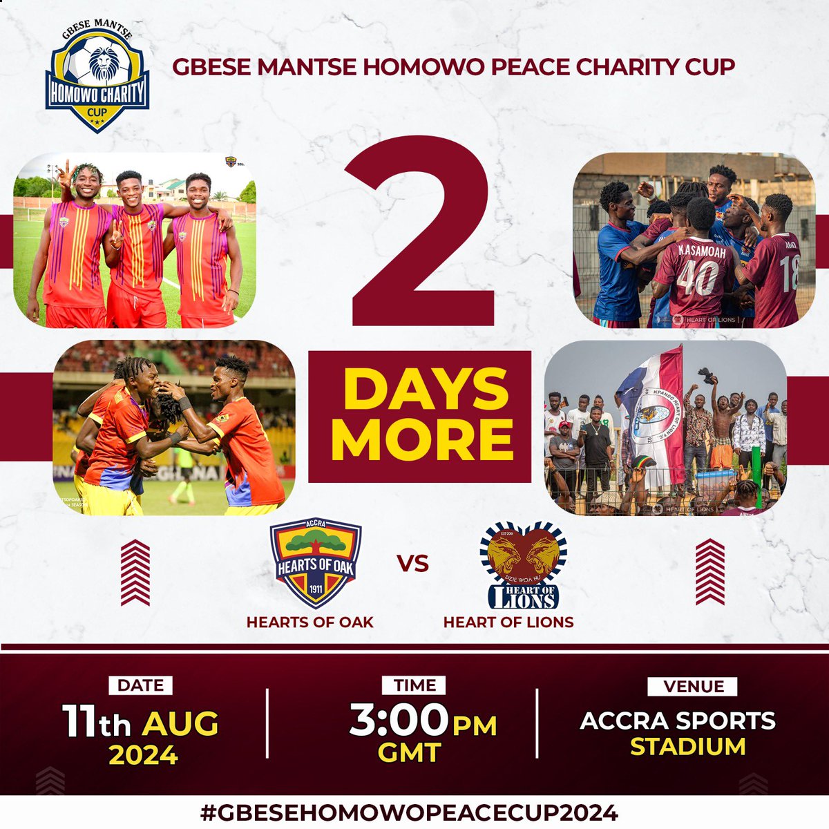 HomowoPeaceCup's tweet photo. There are only 2 days left until the much anticipated Gbese Mantse Homowo Peace Charity Cup at the Accra Sports Stadium 🏟️ . Get ready and embrace the excitement. 

@Aracnephobia @HeartOfLionsFc @AnimSammy https://t.co/r9KXEBKCIA