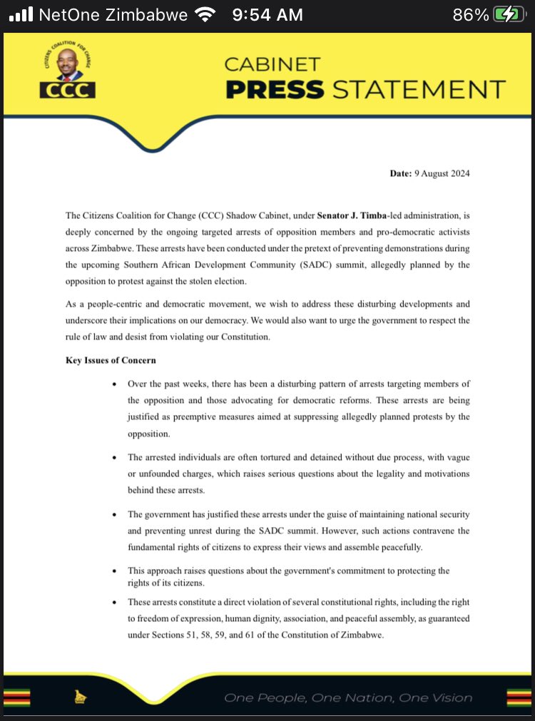OpenParlyZw's tweet photo. 🚨BREAKING: CCC condemns the ongoing targeted arrests of opposition members and pro-democracy activists ahead of the SADC summit. They call for immediate action to uphold Zimbabwe's Constitution. Full statement below. 👇 #Zimbabwe #Democracy @SADC_News @CCCZimbabwe @JamesonTimba @nelsonchamisa @chigumbu_