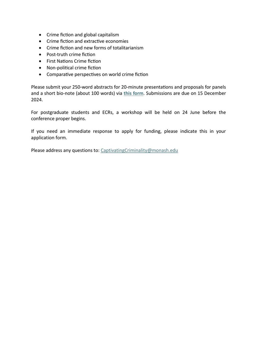 The #CfP for #CapCrim12: #CrimeFiction and the Global Challenges of the Twenty-First Century is now live!

📍 Monash University, Melbourne, Australia.
📆  25th - 27th June 2025.
🫂 💻  Hybrid.

Submissions are due on 15 December 2024.