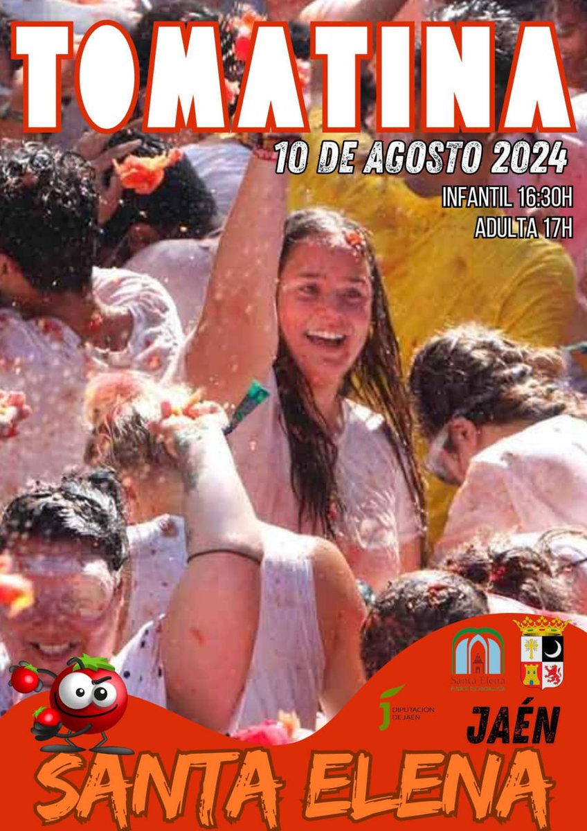 Sábado 10 de Agosto  Tomatina en Santa Elena calle Cadiz ,  Tomatina Infantil 16 horas  y la Tomatina Adultos 16.30, todos los participantes serán obsequiados con una pañoleta conmemoriativa <a href="/santaelenajaen/">Santa Elena</a>