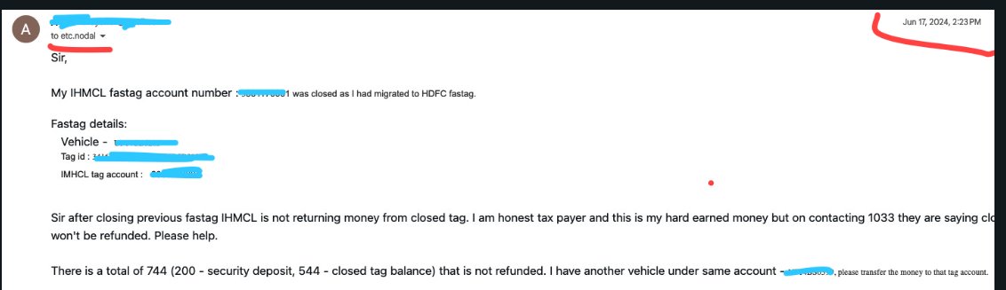 curiousbatman1's tweet photo. @fastagofficial  @NHAI_Official  I have sent mail to nodal officer also - etc.nodal@ihmcl.com 45 days back but got no response and my money is not refunded yet after 5 months. Please don't exploit honest people. https://t.co/DjV9VGvqGD