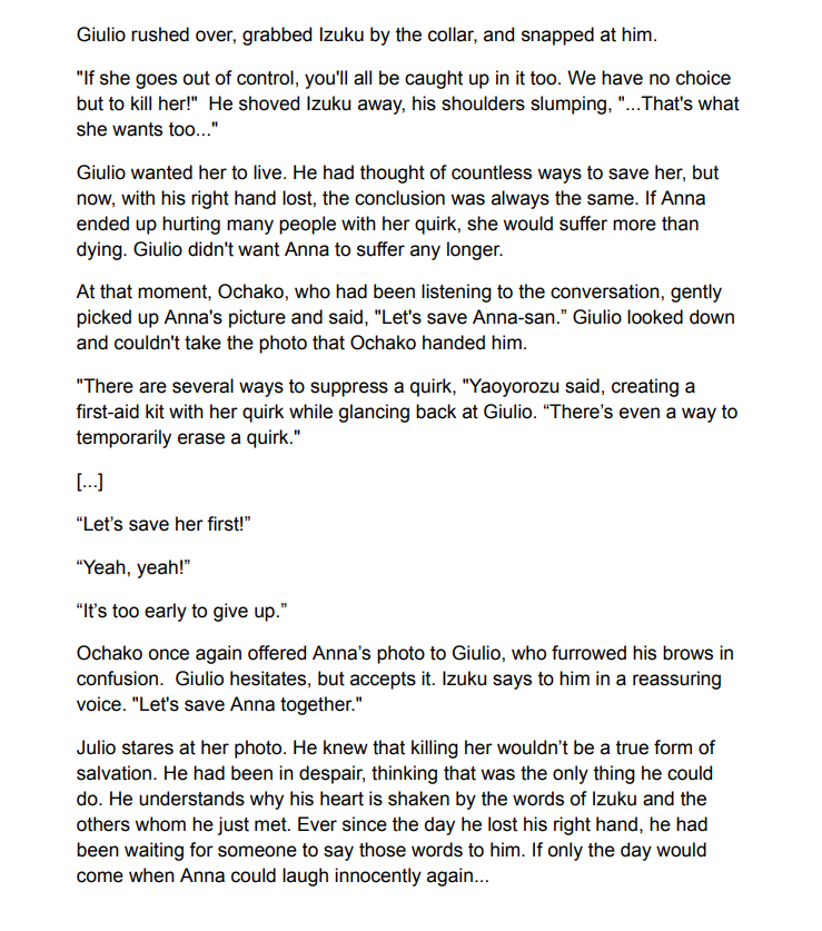 Color_Division's tweet photo. There's a scene where Giulio talks about killing Anna in front of Deku, Uraraka, and the rest of the class... Reading this after the finale is just sad. [From the movie novelization]
#MHAURNEXT #MHASpoilers https://t.co/0r7cm9kJp4