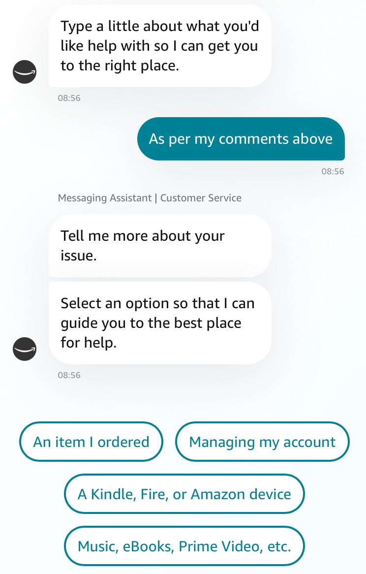 Please help <a href="/AmazonUK/">Amazon.co.uk</a> - tried to feedback on an awful product and been told there has been strange reviewing activity - not done so for ages! And when seeking to rectify - Amazon bot just loops 🤦🏻‍♂️ #poorcustomerservice #poorcustomerexperience