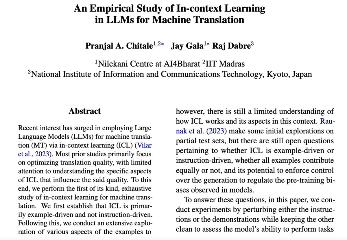 prajdabre's tweet photo. ACL2024 (@aclmeeting) paper posts. If you are attending ACL in person, then please do drop by.

Paper #1: 

🚀 Excited to share our research paper: "An Empirical Study of In-context Learning in LLMs for Machine Translation", which we'll be presenting at ACL 2024!
📄Paper: https://t.co/OrOh57ueAh
🛠️Github: https://t.co/gmZz7LOaxr
🗓️Slides: https://t.co/JqZxzunFg4
▶️Video: https://t.co/tOzZcLVbKZ
Our work delves into the ICL capabilities of LLMs for MT, including focusing on how different aspects of demonstration impact performance.
joint work w/ @jaygala24 @pranjalchitale