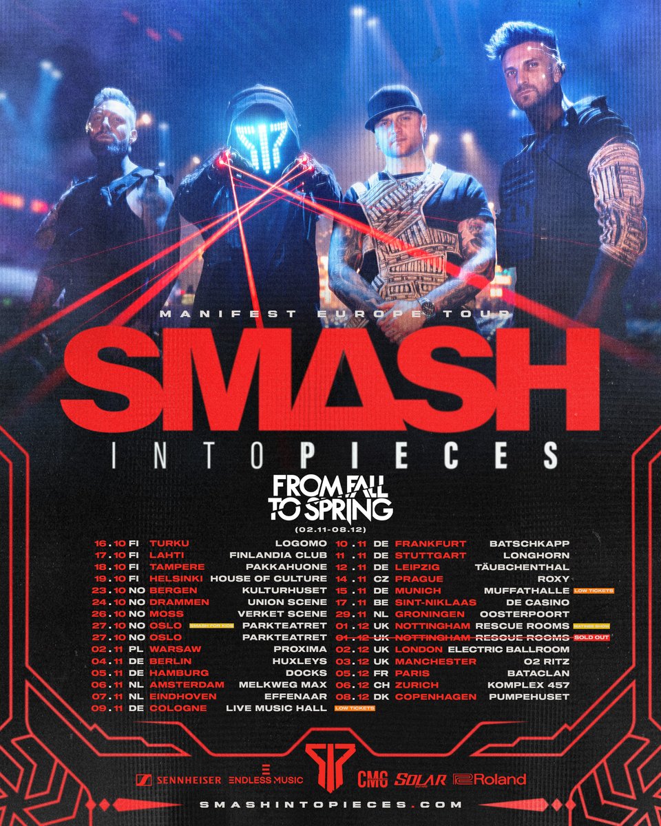 From Fall to Spring (@ffts_ger) on Twitter photo We‘re going on our first tour in europe!
We’ll be supporting <a href="/smashintopieces/">SMASH INTO PIECES</a> on their Manifest Europe Tour this November 🔥
This is an unbelievable step for us and we can't wait to rock those shows with you! 🖤
#tour #manifesteuropetour #smashintopieces #fromfalltospring We‘re going on our first tour in europe!
We’ll be supporting <a href="/smashintopieces/">SMASH INTO PIECES</a> on their Manifest Europe Tour this November 🔥
This is an unbelievable step for us and we can't wait to rock those shows with you! 🖤
#tour #manifesteuropetour #smashintopieces #fromfalltospring