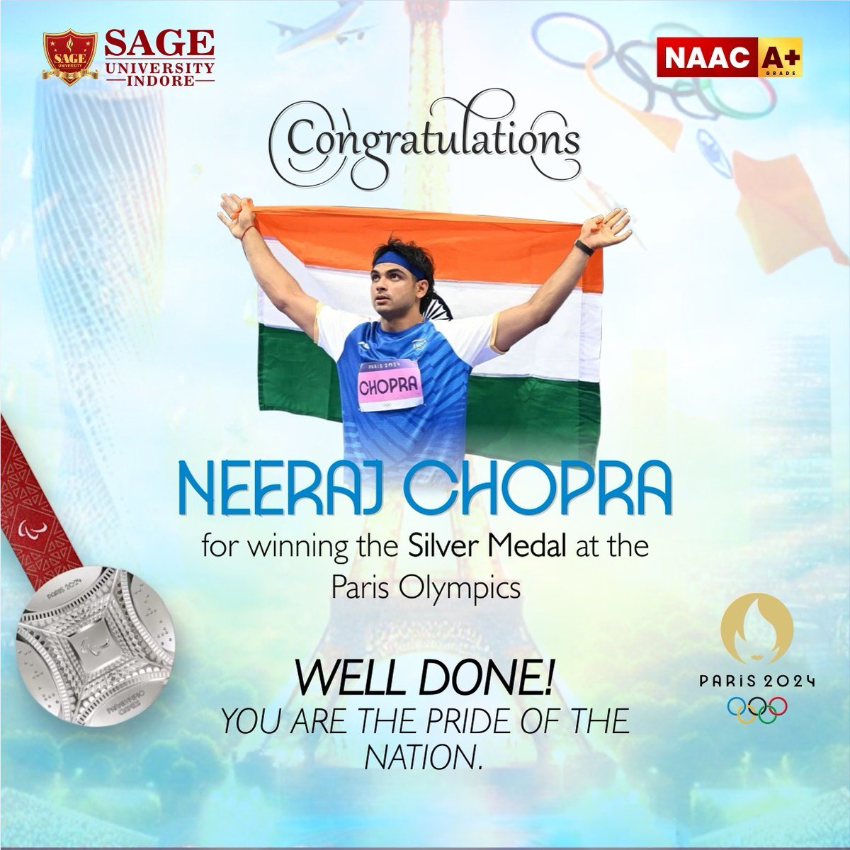 SAGE_INDORE's tweet photo. Silver shine for India! Neeraj Chopra, you've made us proud. Congratulations on your outstanding performance.
#Olympics2024 #NeerajChopra #Paris2024 #TeamIndia #ParisOlympics2024 #SAGEUniversityindore #UniversityInIndore #BestUniversityInIndore https://t.co/l0VLK5PqWq