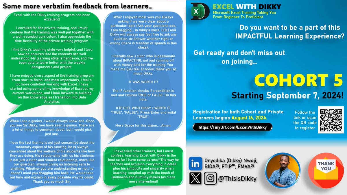 ThisIsDikky's tweet photo. December 2023, I started Excel With Dikky Training AFRAID! πΆ
Fear of the UNKNOWN held me back for too long. π¬
It began with a few challenges, but it has indeed been an IMPACTFUL journey! π
Here is the IMPACT REPORT!
#ExcelWithDikky #Data #DataAnalytics #DataAnalysis #Excel https://t.co/4FnALTpOVf