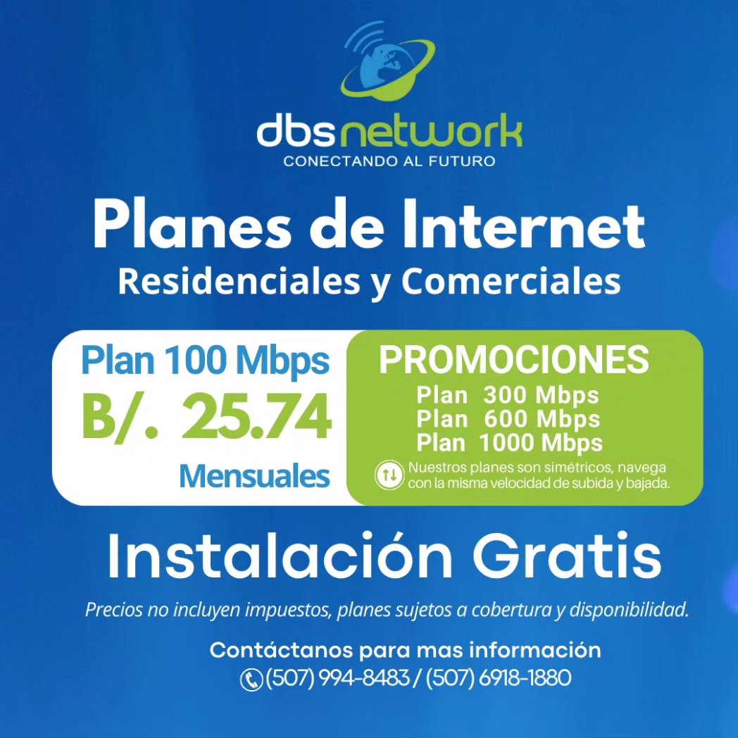 dbsnetworkpa's tweet photo. Promoción Especial disfruta de 100 megas por solo $25.74 mensuales. Consulta nuestros planes hasta 1000 megas. Instalación Gratis (Precios no incluyen impuestos, planes sujetos a cobertura y disponibilidad.) Contáctanos para más información: (507) 994-8483 / (507) 6918-1880 https://t.co/b83McdUucv