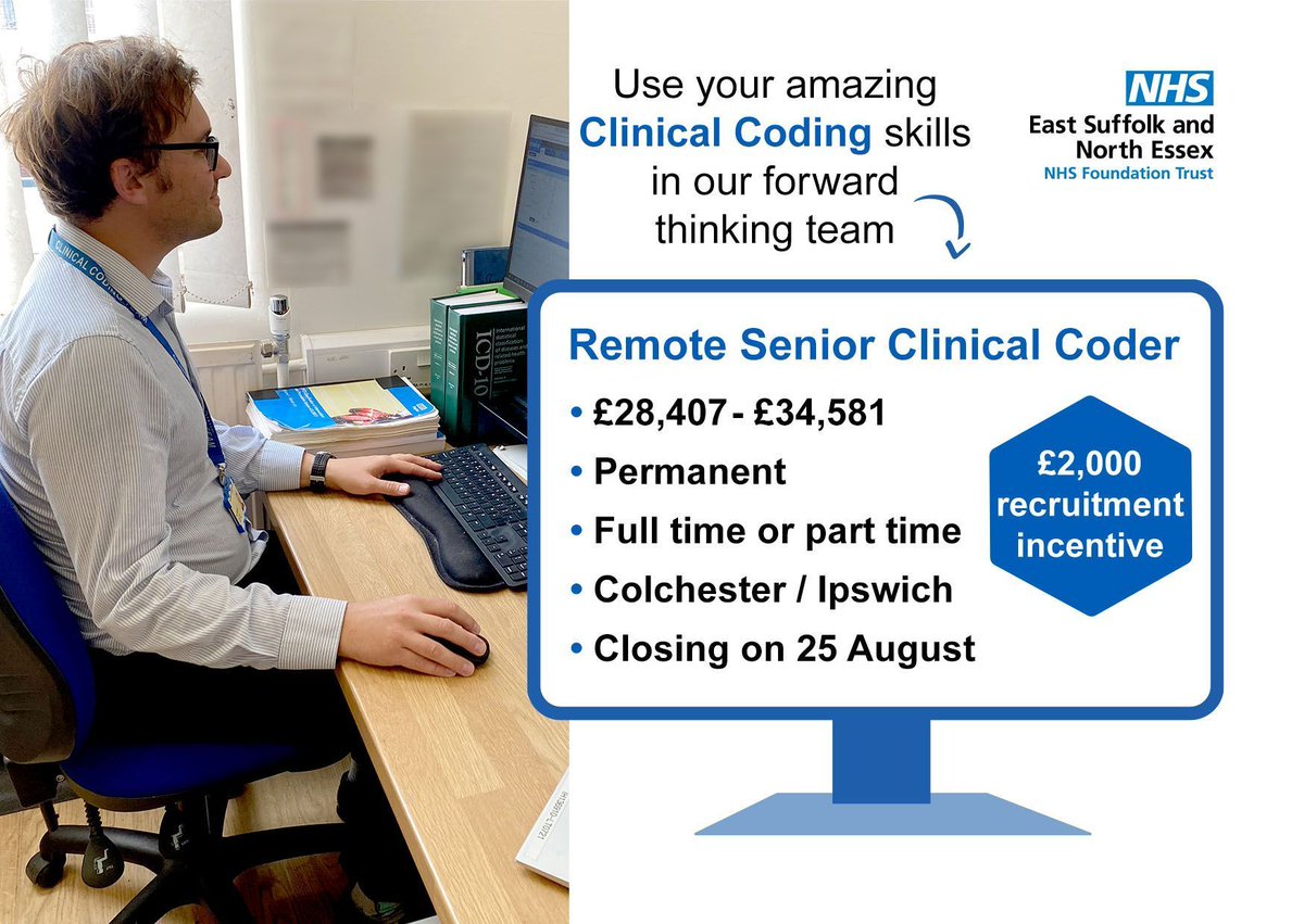recruitmentESN2's tweet image. #TeamESNEFT are on the lookout for an accredited clinical coder who would love to join our established team in one of the largest NHS Trusts in East Anglia! 👇
💻 Apply here: buff.ly/4cZ9u83
#ClinicalCoder #ClinicalCoding #NHS #NHSJobs #Healthcare #HiringNow