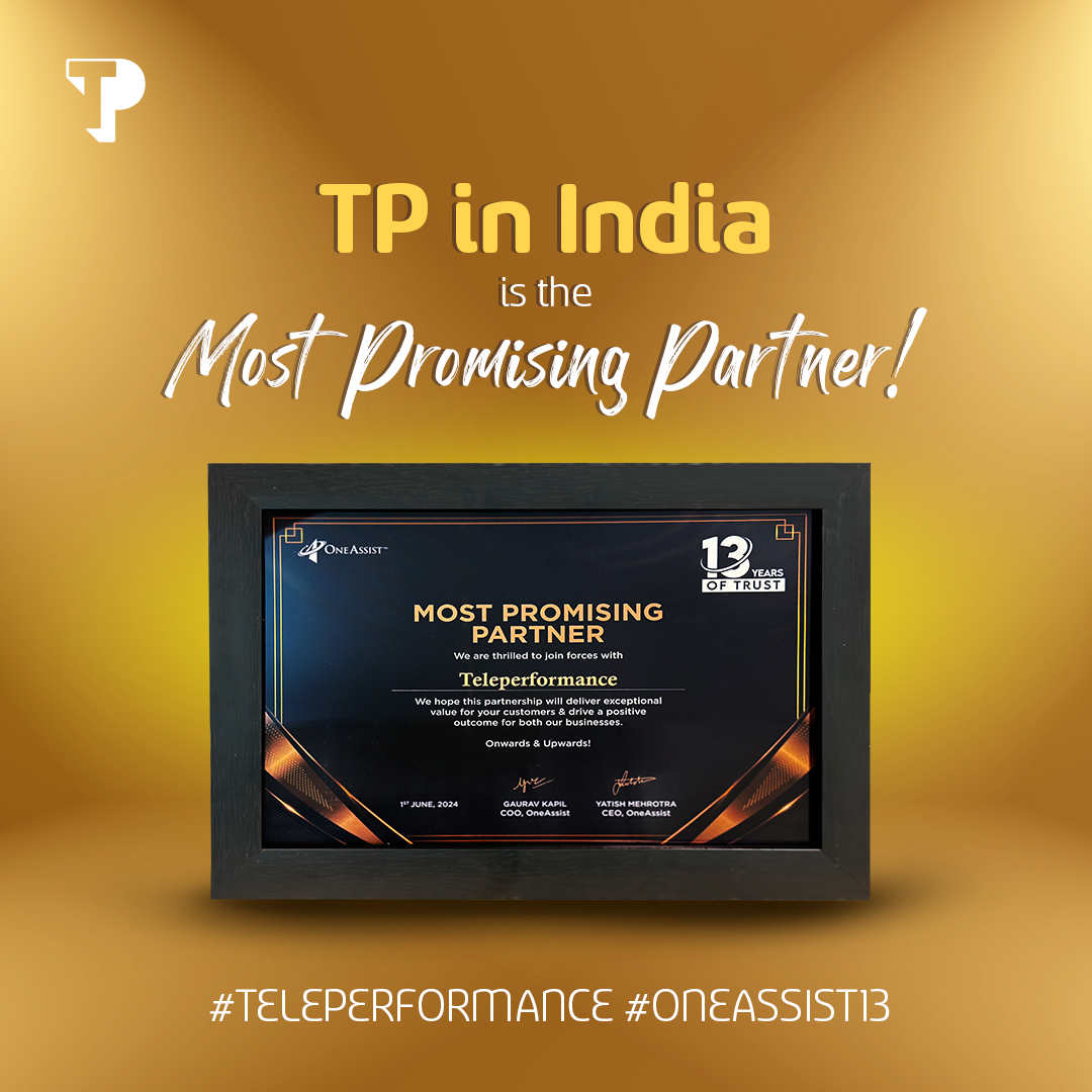 TPIndiaOfficial's tweet photo. We are excited to announce that Teleperformance has received the "Most Promising Partner" award during OneAssist's 13th anniversary celebration! 🎉

Here’s to achieving more milestones in the future! 🏆

#TPIndia #PartnershipExcellence #InspiredToBeTheBest #BusinessExcellence https://t.co/HKuETNNfwA