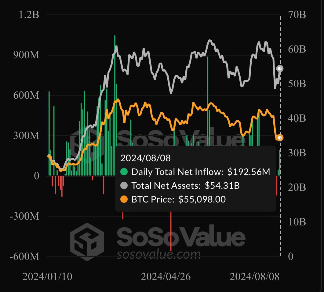 BitcoinMagazine's tweet image. NEW: 🇺🇸 #Bitcoin ETFs saw $192 million in inflows, the highest in over two weeks.

The tides are turning 🚀