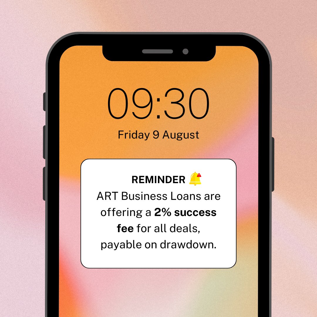 ART Business Loans are offering a 2% success fee for all deals, payable on drawdown.
To find out more, or visit lnkd.in/ds6hQ-Ba

#SmallBusiness #BusinessGrowth #FinanceOptions #GrowthGuaranteeScheme #BusinessFinance #FinancialOpportunities #smes #business