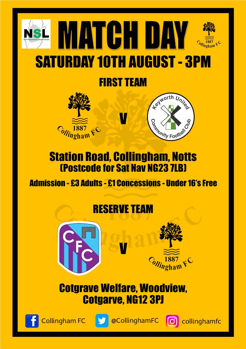 CollinghamFC's tweet image. 🟡⚫️ MATCH DAY ⚫️🟡

 🆚 @KeyworthUtdFc 
 🏆 @NottsSeniorLge Premier Division
 ⏰ 3pm
 🏟️ Station Road, Collingham (Parking NG23 7LB)
 🎟  £3/£1

Bar open from midday
Printed programmes &amp;amp; pin badges available